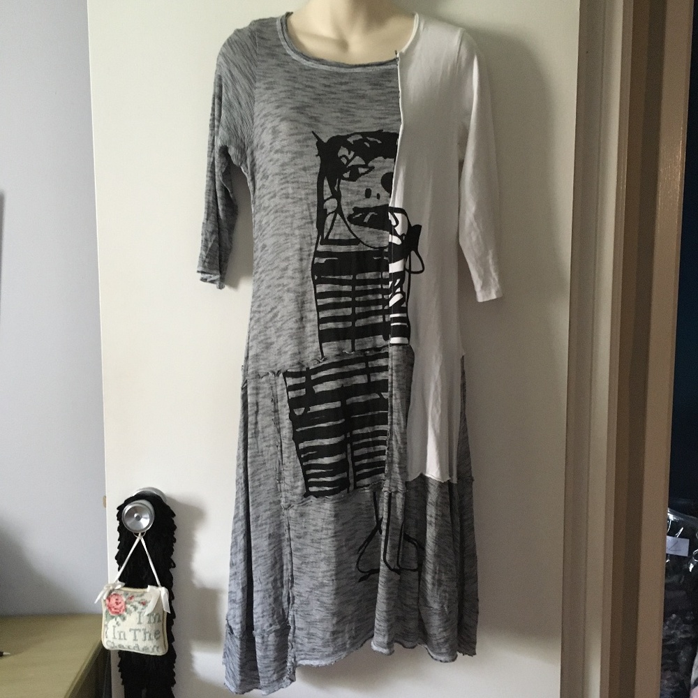 RUNDHOLZ BLACK LABEL Black + White Abstract Print Cotton + Viscose Dress M